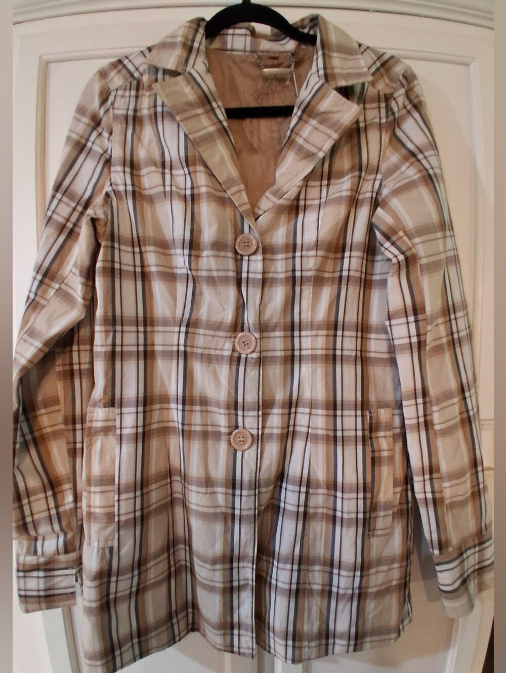 Vintage Jou Jou Brand Plaid Mid Length Dress Coat, Lined, Belt, Waterproof, M